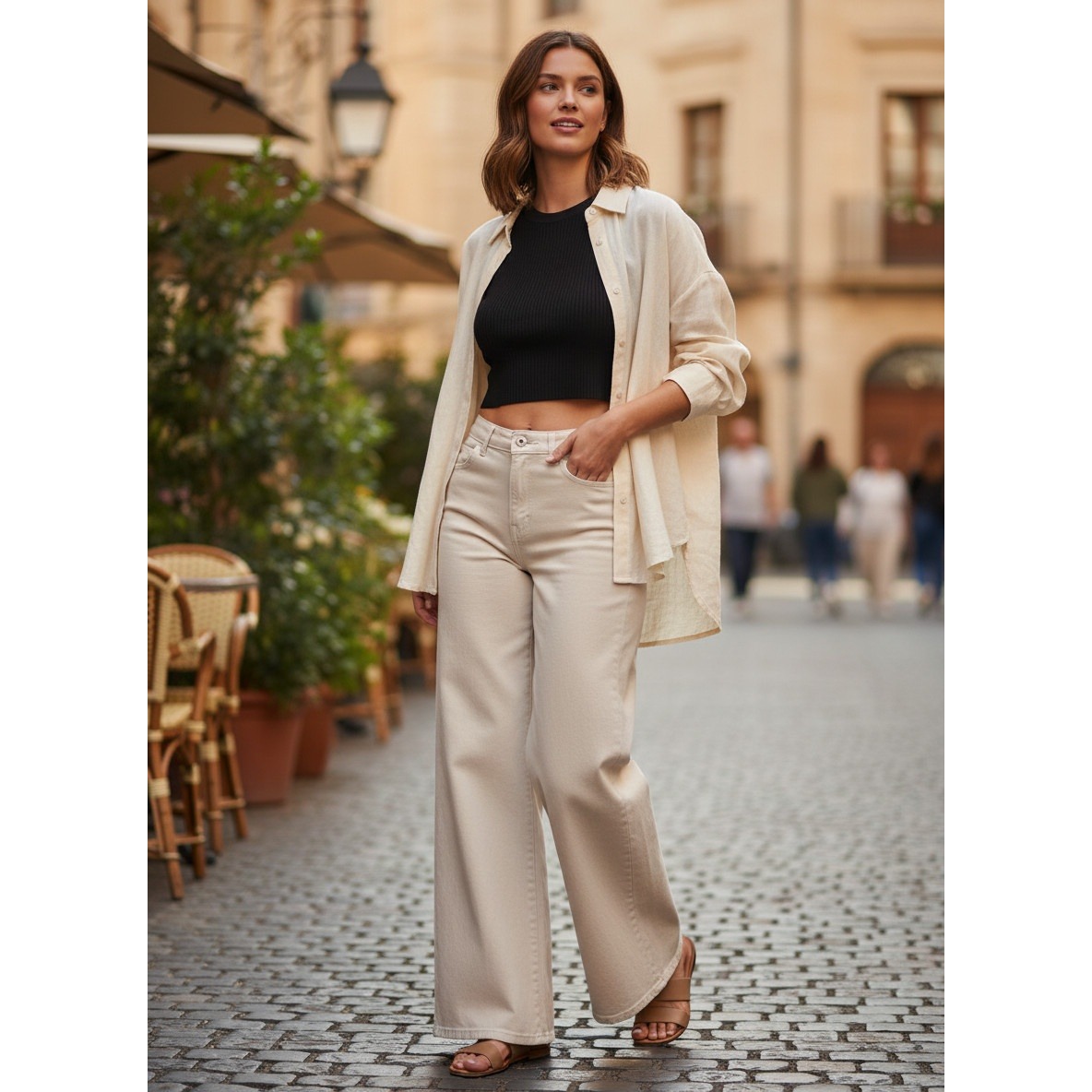 Paris Design Lusa Cream Wide Leg Jeans Nwt Super High Rise Raw Hem Us 27/28 $110